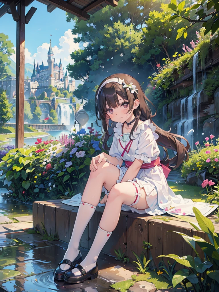 photo realistic, (masterpiece,best quality:1.4),(8k,raw photo,photo realistic:1.2), detailed skin, detailed face, ((1girl)),Japanese idol, cute face, little girl, Not Safe for Work, (raw photo, photo realistic: 1.2), ALL Nudi-ty, nudi, (((NO panties))),nipp-les, Open twat, anus, went, (((hair of pubis, Not safe for work))), pubisure, frilled japanese clothes, RED frilled hakama short skirt, frilled, White frilled legwear, ankle boots, mini crown, frilled choker, amulet, wrist cuffs, sash, frilled reg garter, (((No cloth))), ((long hair)), light brown hair, braid, brown eyes, straight hair, little girl, 12years old, petite, cute, happy, medium breasts, small nipp-les, (((sitting spread legs))), kanzashi, (hairband), heart shaped pupils, medium bob,((puss juice, Sweat, Sweatdrop)), (((spread puss,Not Safe for Work))), (((ure-thra))), urinates, anus, yumekawa,yumekawaii,pastel color,(wonderland garden:1.3),rainbow waterfall,dripping ink,imagination,(Castle:1.4),