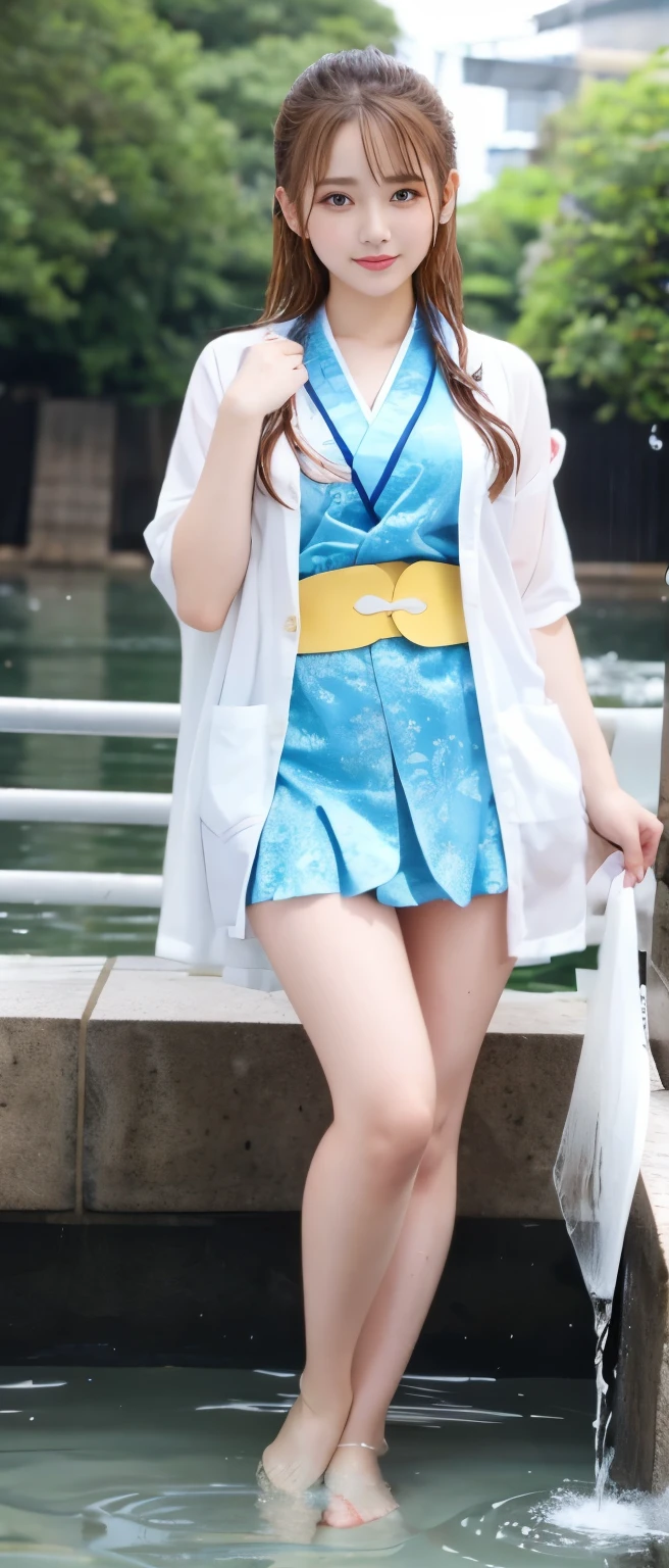 Female idol covered with fantastic water、Full body Esbian、、water-soaked miniskirt kimono、、blonde、good style、、