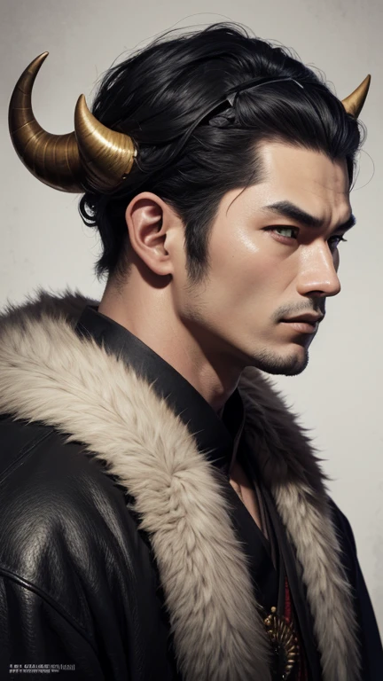 oriental、Man with horns on his head、game poster、masterpiece、super resolution、(realistic:1.4)、alone、man in fur、no background、