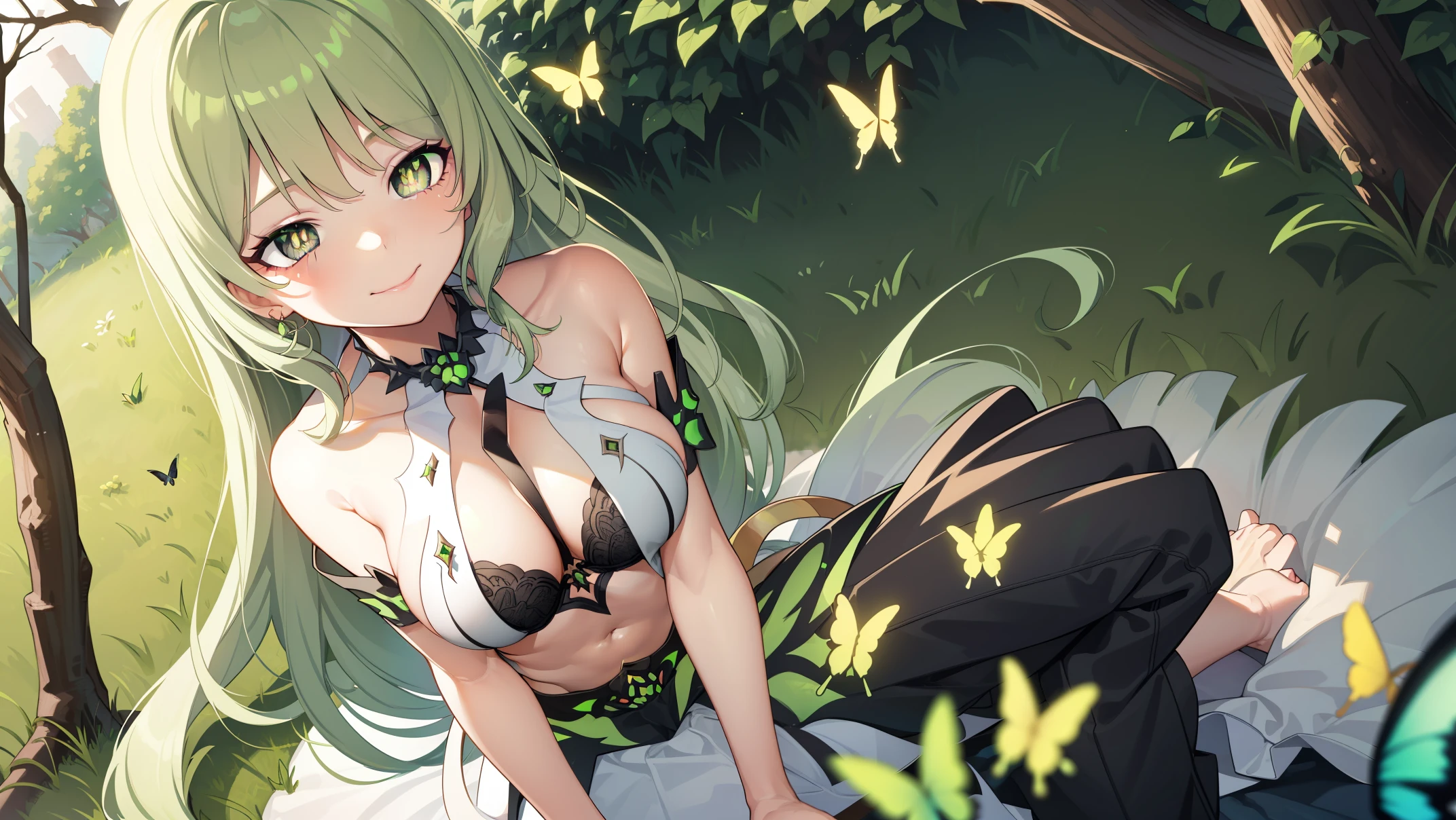 1 girl，Best quality, tmasterpiece, Long green hair, beautiful,detailed eyes, HD, super cute girl, super cute hairstyle, extremely detailed, Visually inspect the audience, The face is slightly red，is shy，adolable，Lori small breasts cleavage, skirt, pleated skirt, frills, frilled bra, (solo:1.6), seductive smile, (green eyes with beautiful pupils:1.7), (on her knees:1.5), (garden background with butterflies and flowers around:1.2),