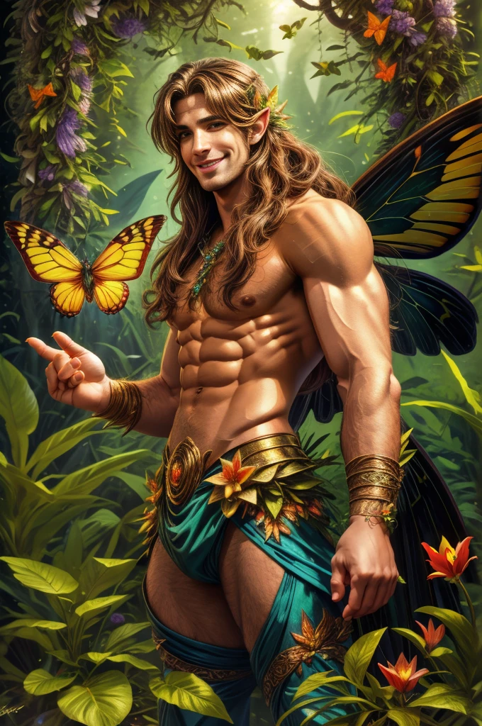 artwork, Male fairy, muscular arms and legs, strong chest, long hair, wings, shine, shine, Enchanted forest, butterflies, vegetation, Flowers, sexy and charming smile, looking at the viewer with inviting gaze, 8k, HDR