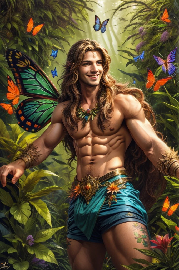 artwork, Male fairy, muscular arms and legs, strong chest, long hair, wings, shine, shine, Enchanted forest, butterflies, vegetation, Flowers, sexy and charming smile, looking at the viewer with inviting gaze, 8k, HDR