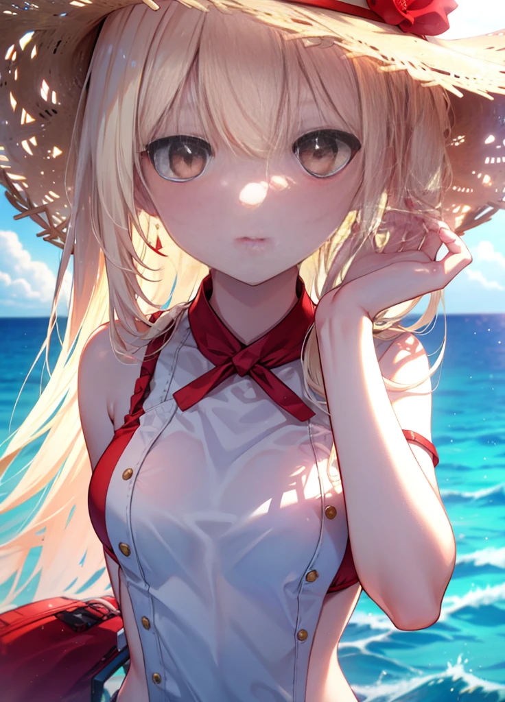 Chisato Nishikigi, Chisato Nishikigi, long hair, bangs, blonde, (red eyes:1.5), bikini swimwear,Big straw hat,Ocean,summer,Ocean水浴,break looking at viewer, break (masterpiece:1.2), highest quality, High resolution, unity 8k wallpaper, (shape:0.8), (beautiful and detailed eyes:1.6), highly detailed face, perfect lighting, Very detailed CG, (perfect hands, perfect anatomy),