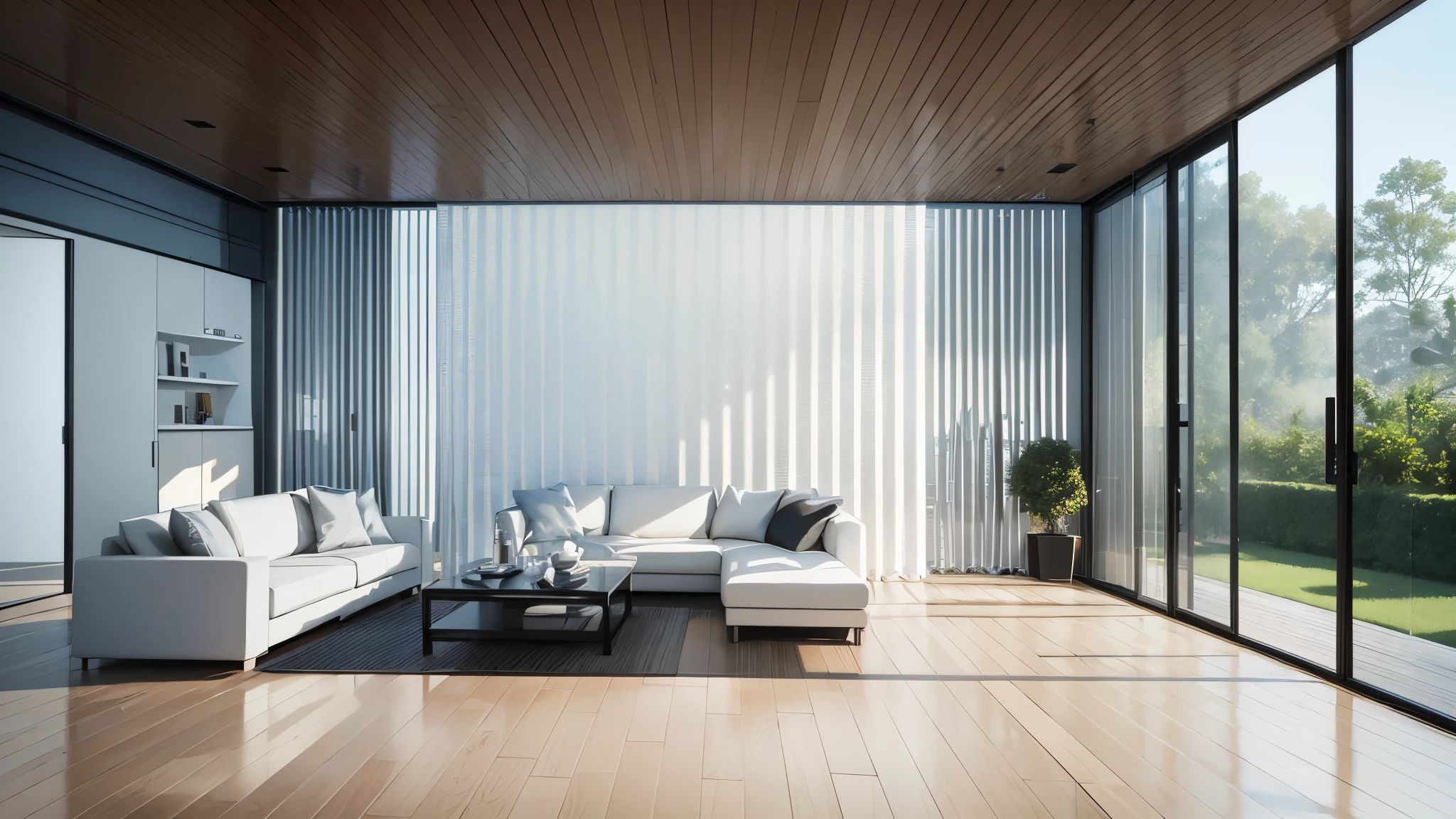 You are a famous interior designer、You have been asked to create a 3D image of a modern large room. Create a harmonious environment with modern and minimalist furniture. Including garden interior.