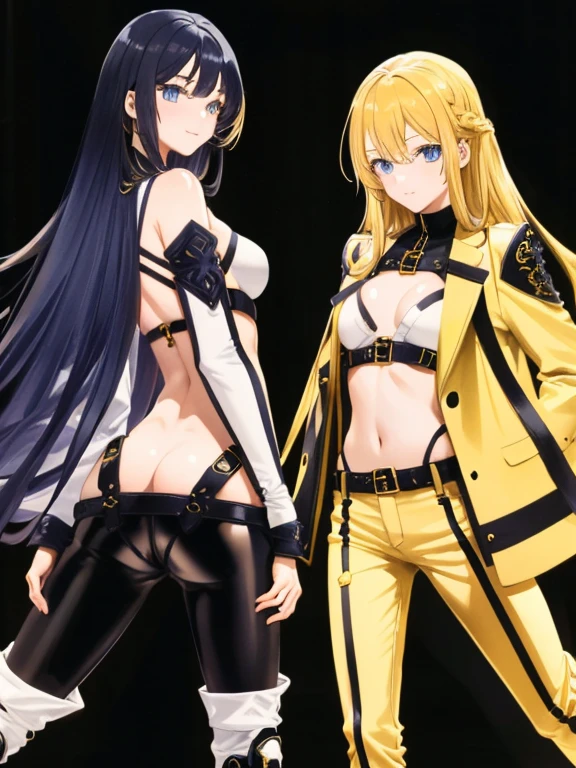 {masterpiece:2}, best quality, high quality, best quality, ultra high res, real picture, intricate details, beautiful detailed, finely detailed, perfect anatomy, detailed shoujo manga style, (best quality masterpiece:1), 2girls, beautiful, yuri, {{{blueish black hair, curly long hair, cool smile, blue eyes, blue mechanical armor, white mechanic bodysuit, black long pantyhose, iron knee boots}}}, {{{deep yellow blond, long striaght golden hair, pretty smile, yellow eye, long yellow tailcoat, cropped belly, ankle-long yellow cotton pants, knee-high leather boots}}}
