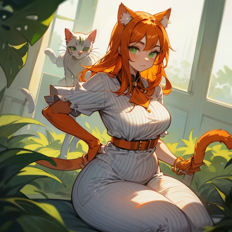 (((Alone))),(((Feline Woman))),(((Orange hair with white stripes))),(((Green feline eyes))),(light curvy body),(((Wearing clothes beautiful)))