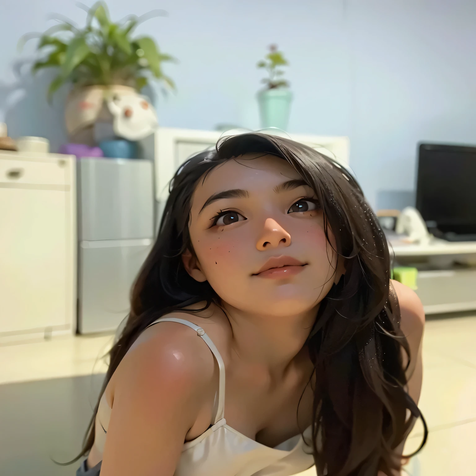 There is a young girl sitting on the floor with a laptop, 18 years old, 8K selfie photo, Look at the camera affectionately, 27 years old, , 23 years old, 22 years old, 21 years old, xintong chen, 28 years old, Xision Wu, she is about 16 years old