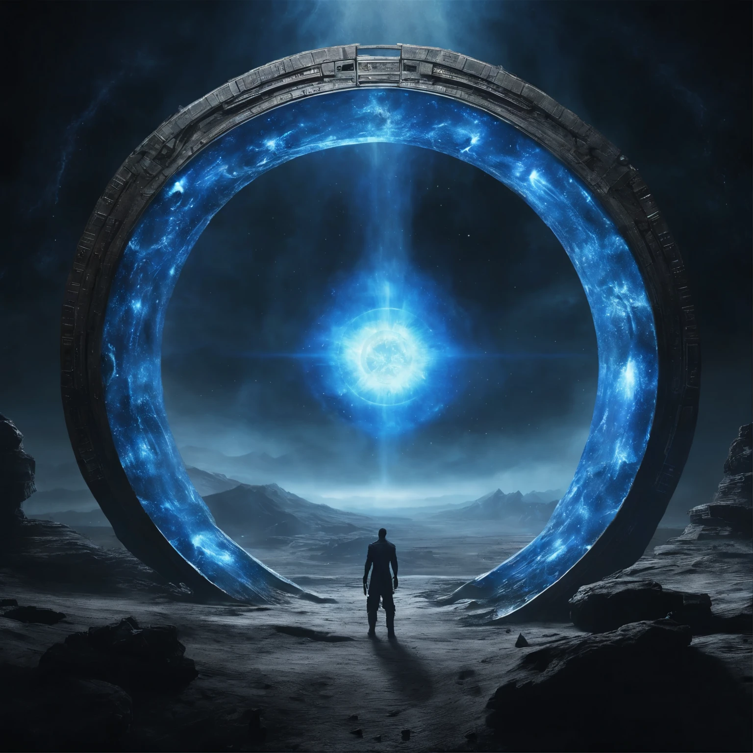 super detailed image of (((the giant stargate ring in the deep open space))), ((the entire space inside that stargate is filled with streams of blue plasma flowing from the ring to the center of the space inside that ring):1.4), ((a flying saucer opposite the stargate is preparing to pass through it):1.4), (lightnings runs across the surface of the stargate), Milky Way, space, stars, (Best Quality, 16K, Masterpiece, UHD, Ultra quality cinematic lighting, Huge detail, Well lit, sharp, hyper realistic, epic scale, insane level of details)