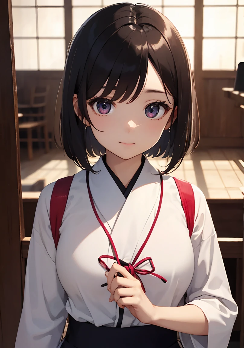 masterpiece, absurdres, best quality, ultra detailed, high Resolution, detailed illustration, extremely beautiful detailed face and eyes, bright colour, 1girl, (loli), cute face, Delicate beautiful face, magenta eyes, cute eyes, sparkling eyes, big eyes, medium breasts, (perky breasts:1.1), (pointy breasts:1.1), medium hips, glamorous body, white skin, happy, BREAK, long bob cut, (blonde hair:0.8), messy hair, detailed hair, shiny hair, BREAK Kyudo uniform, tiny ribbon, Kyudo hall, High school student club activities, real world, natural lights, perfect lighting,