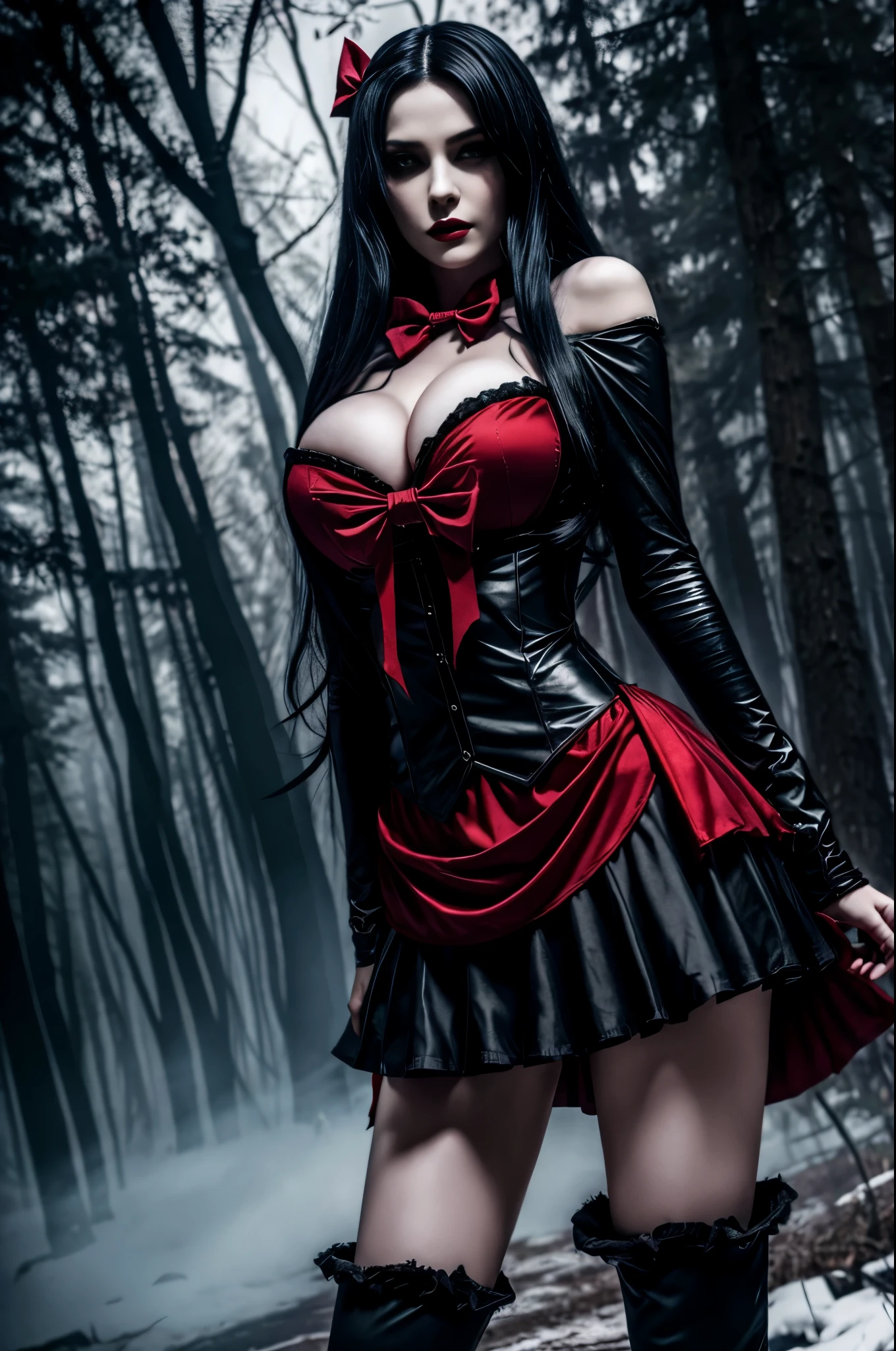 Araffe dressed as a sexy "snow white" with a red bow, beautiful vampire queen, realistic cosplay, Marceline from Adventure Time, anime girl cosplay, 4K HD, beautiful vampire queen, snow white as a d &d fighter, snow white, anime cosplay, cosplay, vampire Carmilla, with long dark hair, in the dark woods, spooky atmosphere, shadows, wolves behind, dark theme, mist, torn clothes, large breasts, full body, photo from below