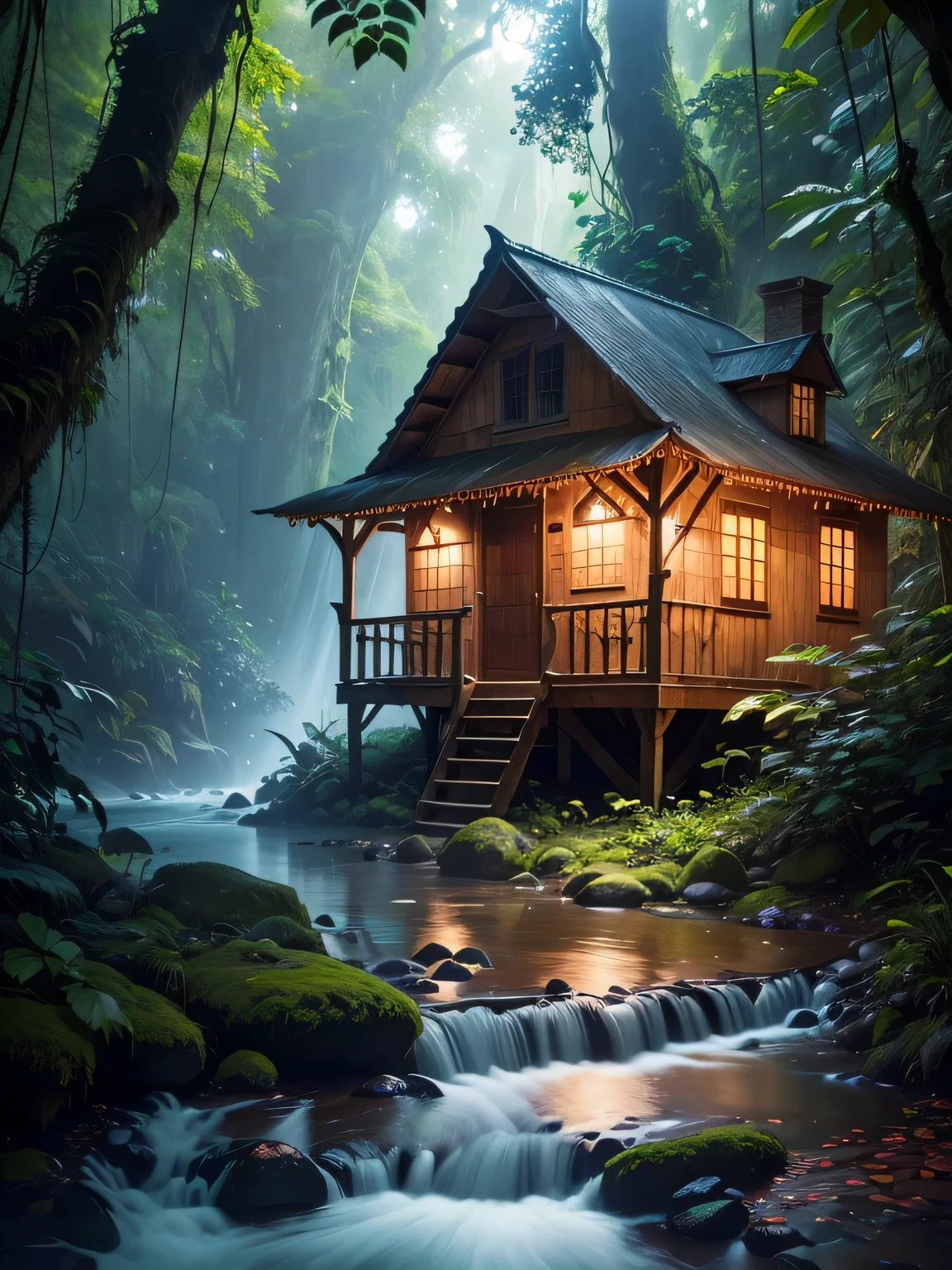 No meio da noite, uma velha casa de madeira abandonada tomada pela natureza e engolida por uma folhagem exuberante, overlooking a sparkling stream with crystal clear waters, flora and fauna flourishing deep in the Amazon rainforest in Brazil, uma fotografia esquecida que captura a diversidade vibrante de flores vibrantes e vibrantes, uma cena encantadora renderizada em um estilo de desenho animado caprichoso e cativante, a palette of rich, vibrant colors that amplify the mystical atmosphere of the surrounding environment, Radiant moonlight seeping through the canopy, creating dynamic patterns of light and shadows, night time
(melhor qualidade, 4k, high resolution, obra de arte:1.2), ultra-detalhado, (realista, photorealista, photo-realista:1.37), HDR, Ultra HD, painting with extreme precision and sharp focus, detalhes intrincados que manifestam as maravilhas da natureza, professional execution, vivid, saturated colors that bring the lush rainforest to life, the delicate balance between organic shapes and geometric shapes, a touch of bokeh to accentuate the dreamlike ambience of the scene.