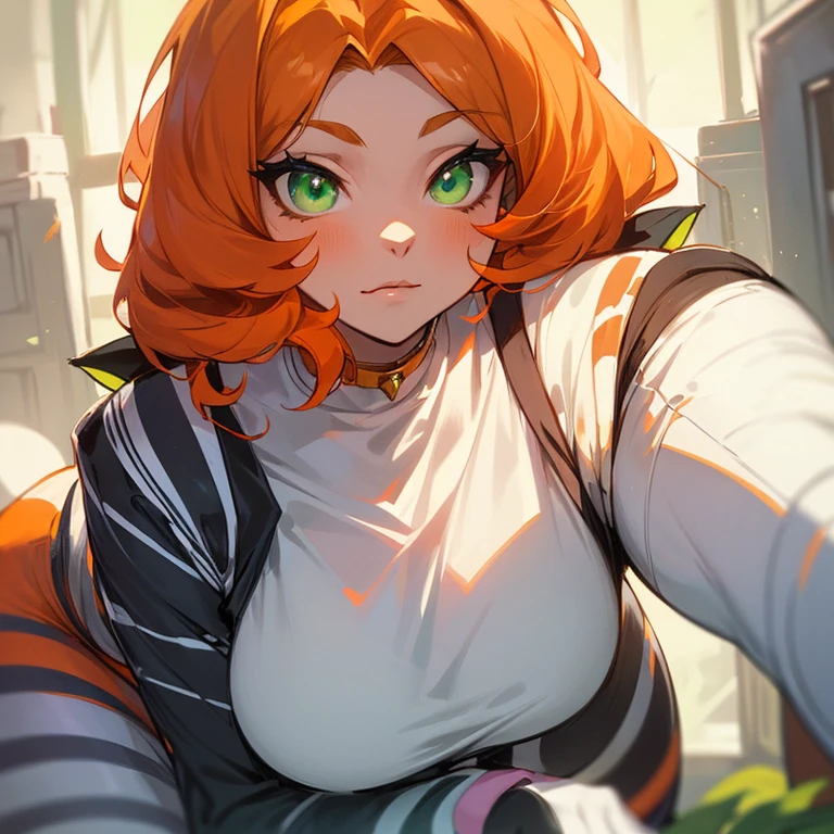 (((Alone))),(((Feline Woman))),(((Orange hair with white stripes))),(((Green feline eyes))),(light curvy body),(((Wearing clothes beautiful))),