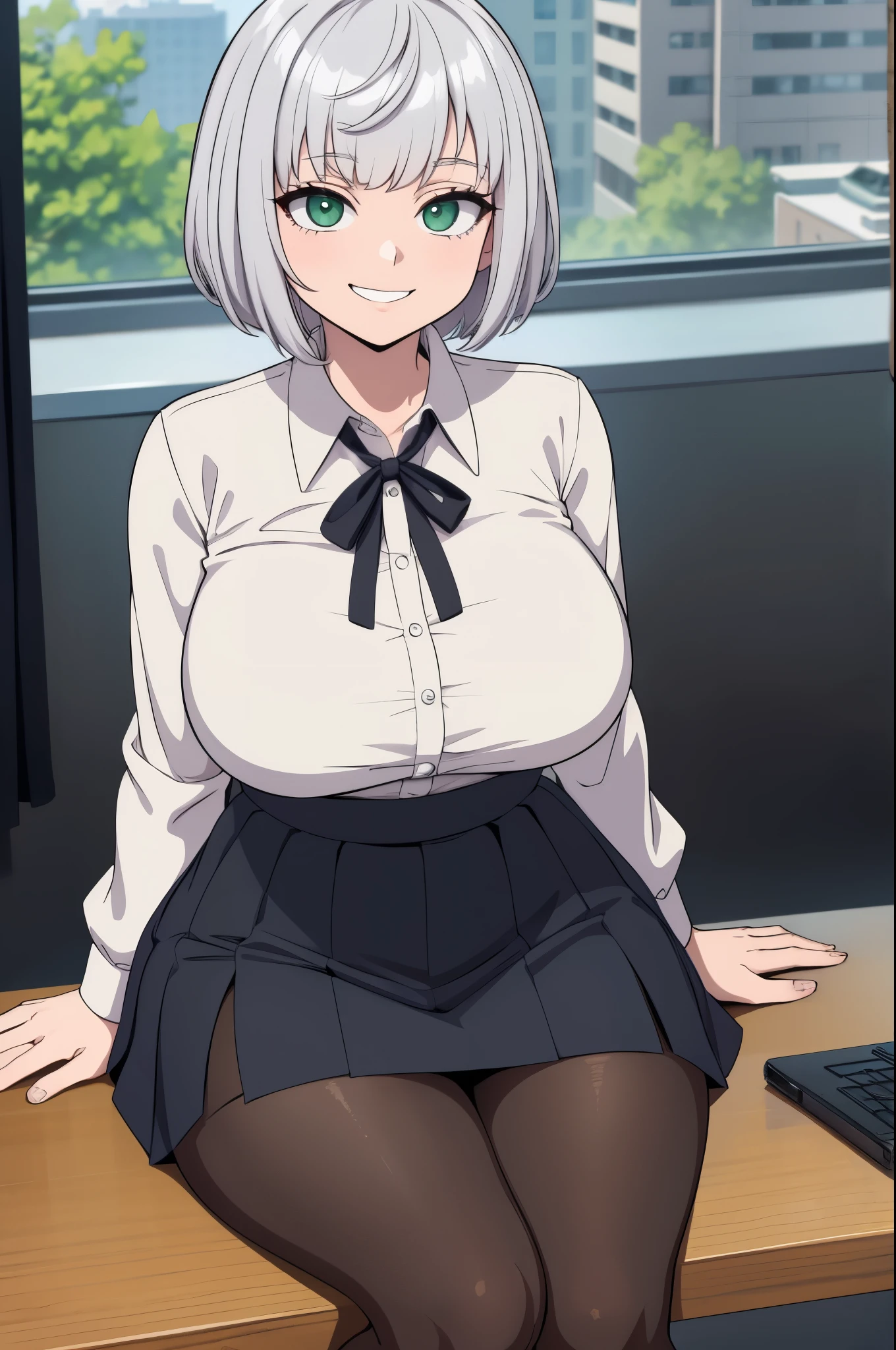 masterpiece, best quality, ultra-detailed, illustration, colorful, flat color, depth of field, 1girl, noel shirogane, anime, sitting, silver hair, short hair, green eyes, looking at viewer, at office, detached collar, detached cuffs, bunny ears,  black tie, topless, nipples, navel, pantyhose, black pantyhose, detailed skin texture, detailed cloth texture, beautiful detailed face, seductive grin, huge breasts, milf