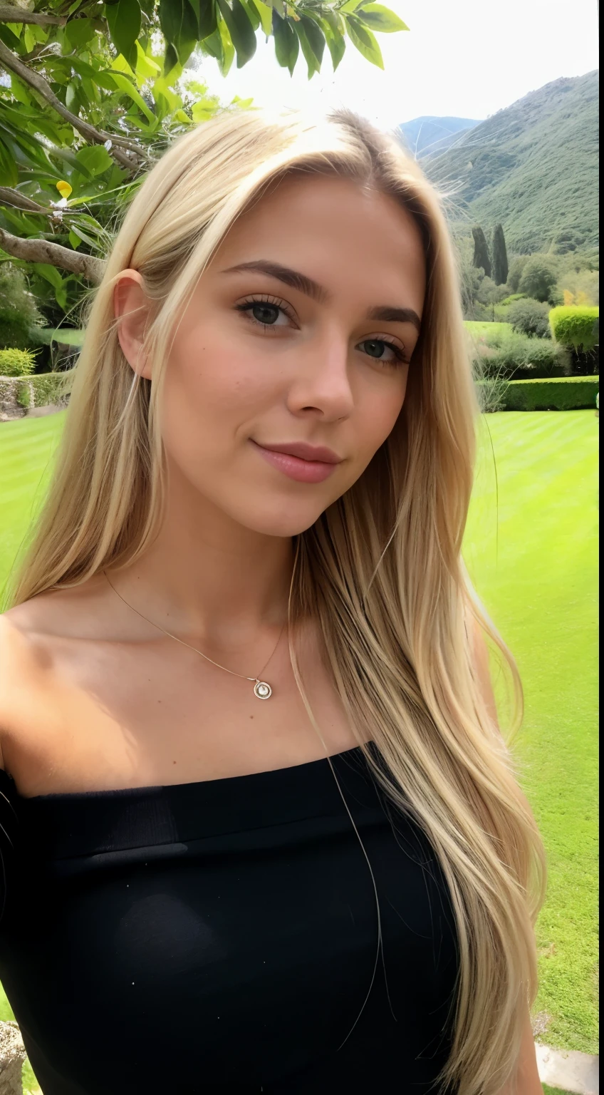 A 23-year-old blonde woman, ((pechos grandes)), ((hiperrealismo)) ,. blonde hair with light brown roots. cabello rubio, Hair with brown roots, cabello extra largo, cabello muy largo, Cabello muy largo, hermoso, vista frontal, autofoto, Foto tomada con iPhone, elegante camisa negra con escote, escotada, autofoto in the garden, alta calidad, autofoto iPhone, escote