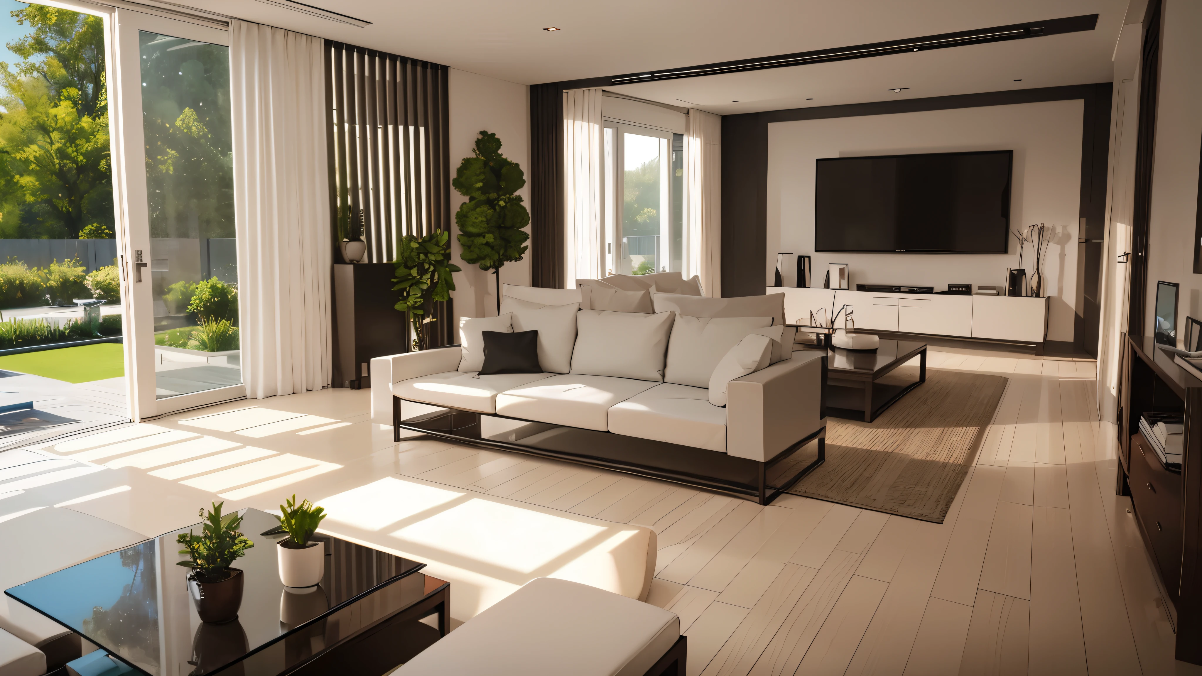 You are a famous interior designer、You have been asked to create a 3D image of a modern large room. Create a harmonious environment with modern and minimalist furniture. Including garden interior.