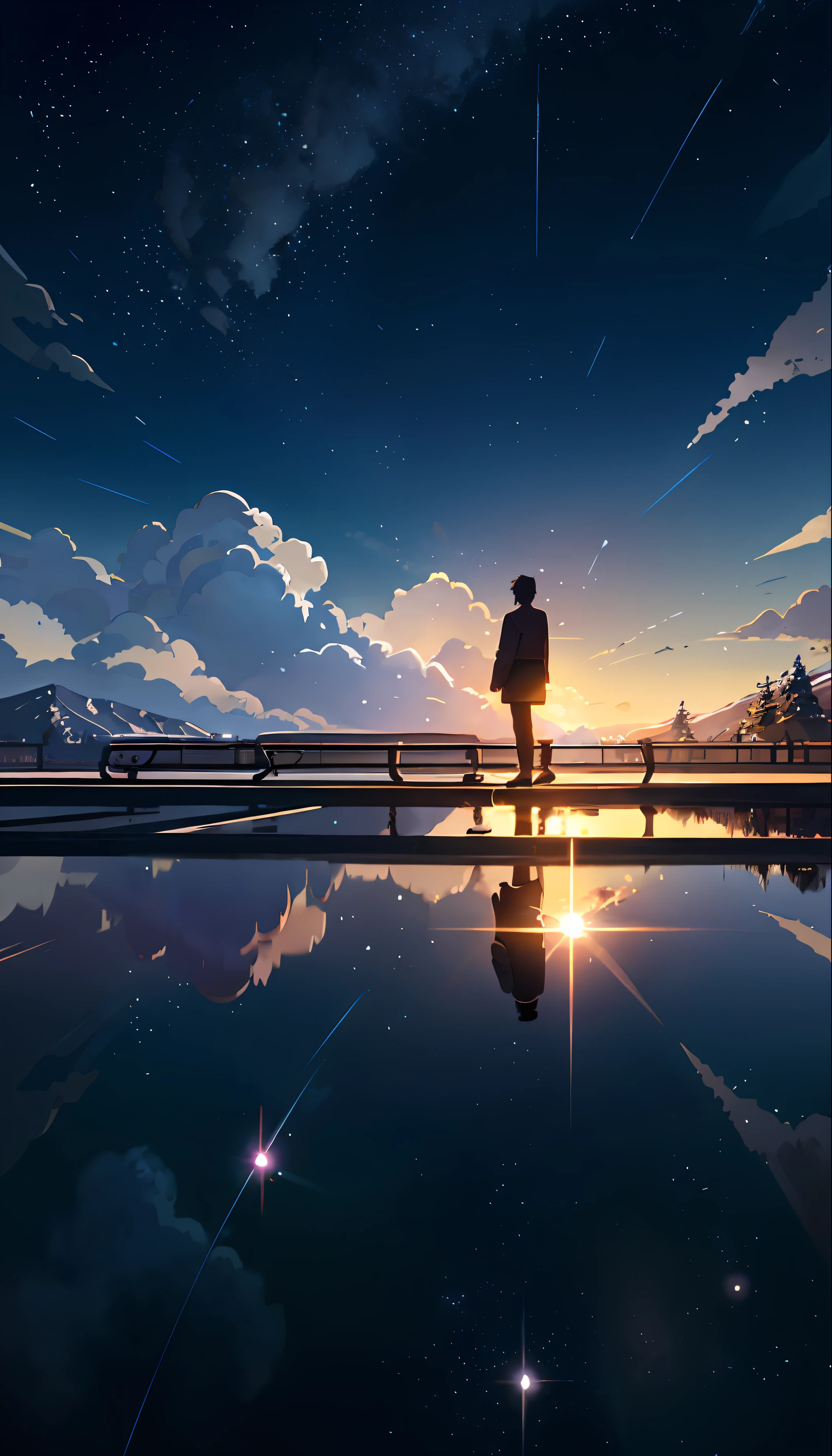 obra-prima de alta qualidade, paisagem, anime train passing through bodies of water on tracks, Bright starry sky. Romantic train, pixiv, arte conceitual, arte lofi style, reflection. por Makoto Shinkai, arte lofi, Linda cena de anime, Anime paisagem, detailed scenery - width 672, in estilo de makoto shinkai, estilo de makoto shinkai, Detalhes aprimorados.