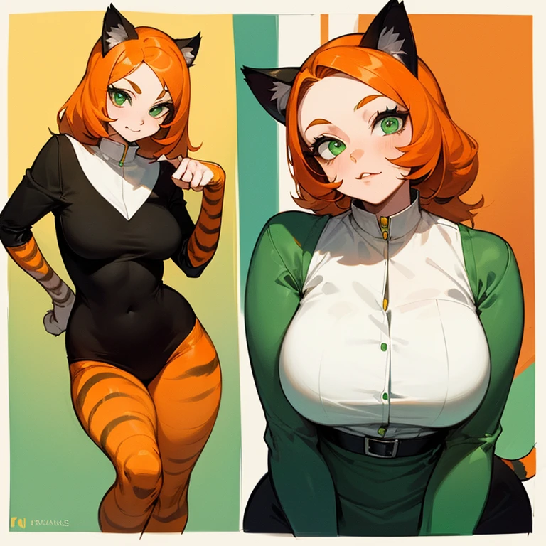 (((Alone))),(((Feline Woman))),(((Orange hair with white stripes))),(((Green feline eyes))),(light curvy body),(((Wearing clothes beautiful))),