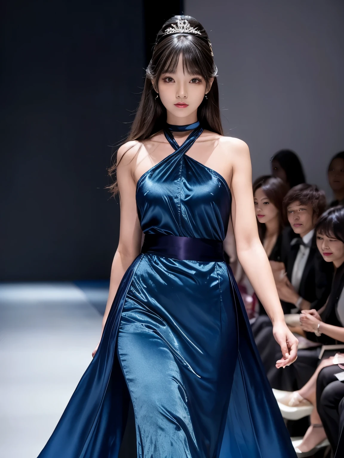 (Best quality, 8k, 32k, Masterpiece, UHD:1.2),Photo of Pretty Japanese woman, 1girl, (medium-short dark brown hair), double eyelid, fashion model, beautiful legs, contemporary cut,unique maxi very wet light blue dress with slit, off-shoulder, gold belt, choker, stand tall, runway, huge stage, Paris Collection, nsfw, full body, see through,,see-through_blouses,breast_pasty