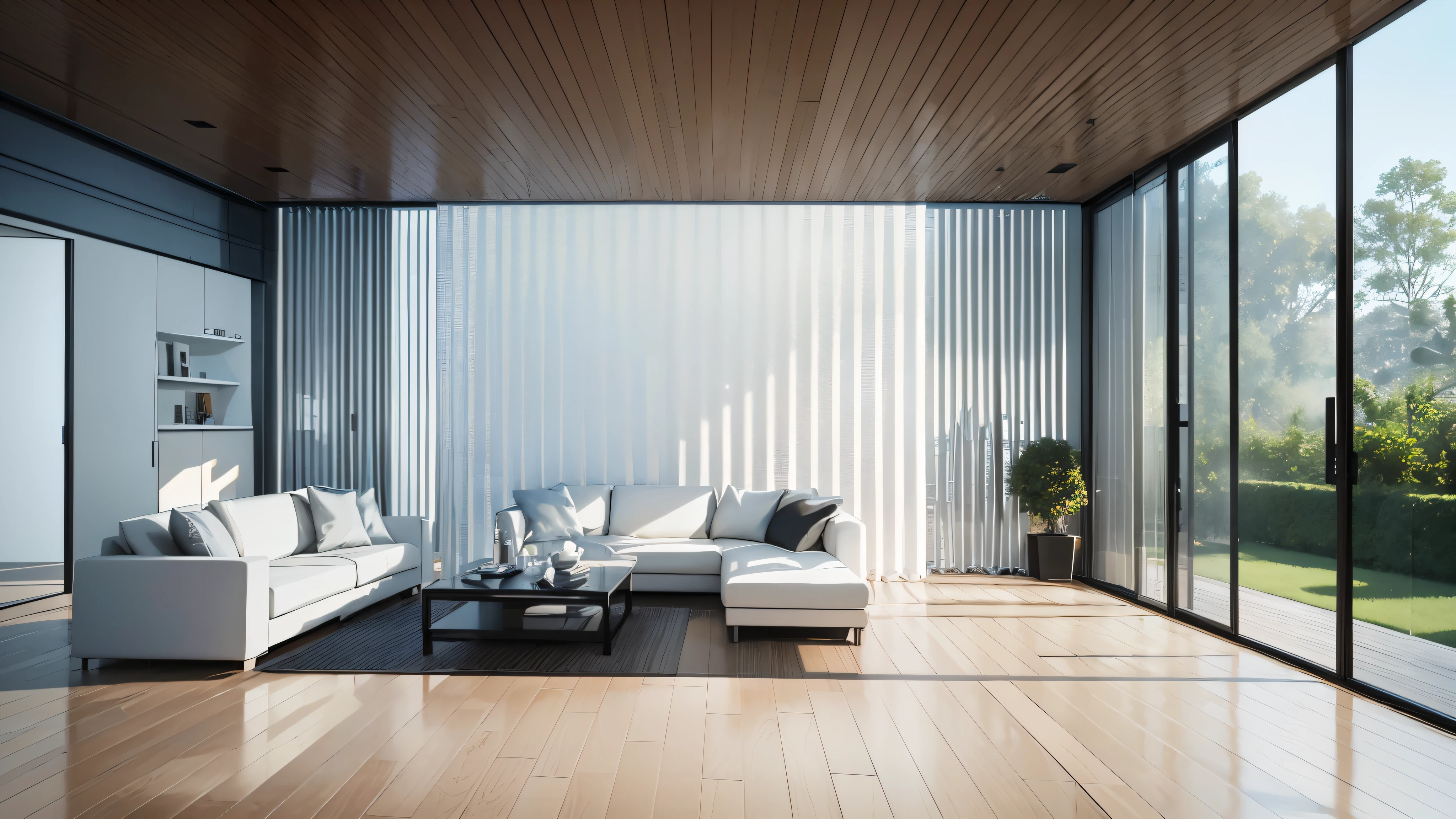 You are a famous interior designer、You have been asked to create a 3D image of a modern large room. Create a harmonious environment with modern and minimalist furniture. Including garden interior.