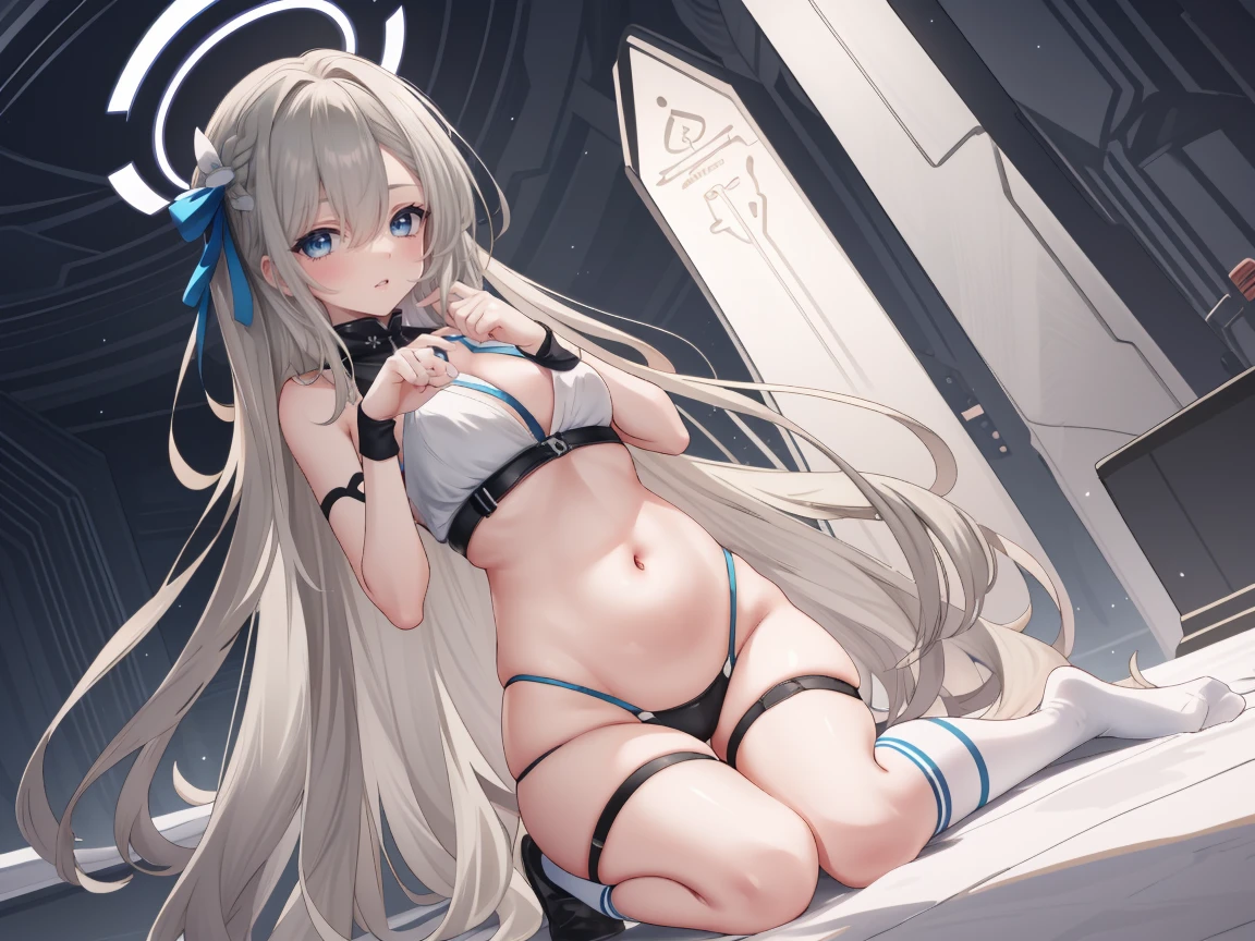 (high resolution), (The best resources), (high quality), (masterpiece), 1 plump girl, Asuna, blue eyes, long gray hair, halo, hair covering one eye, very long hair, light brown hair, (, Cracked Contrast Glue High Socks, Red latex, praying hands logo, looking at the audience, 8K HD RTX, Delicate finger detailing,Obscenity exposed,slim figure,Smile