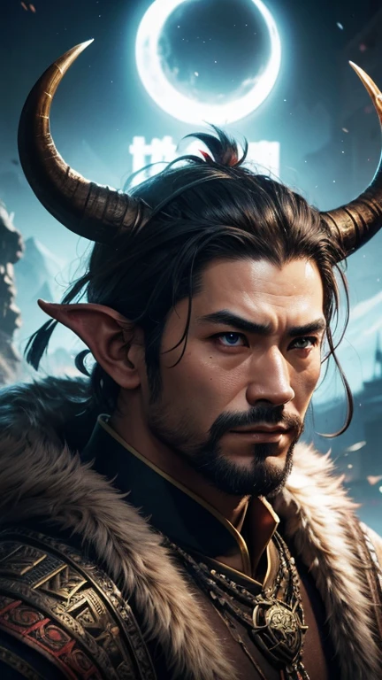 oriental、Man with horns on his head、game poster、masterpiece、super resolution、(realistic:1.4)、alone、man in fur、no background、