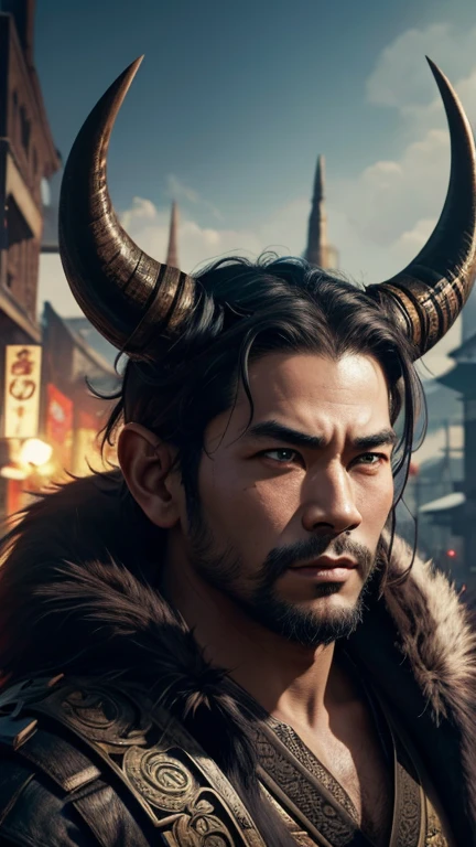 oriental、Man with horns on his head、game poster、masterpiece、super resolution、(realistic:1.4)、alone、man in fur、no background、