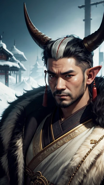 oriental、Man with horns on his head、game poster、masterpiece、super resolution、(realistic:1.4)、alone、man in fur、no background、