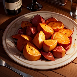There are heaps of sweet potatoes on the table., Potato, polycount, Crisp rendering with great detail, subsurface scattering, rendered diagram, ultra detail. digital painting, Potato skin, trending on polycount, low details. digital painting, Very stylized, cel shaded pbr,the food is on the plate,Tavern in a fantasy world,A wine glass with red wine next to the food,The color of sweet potatoes is brown, not purple.,Instagrammable