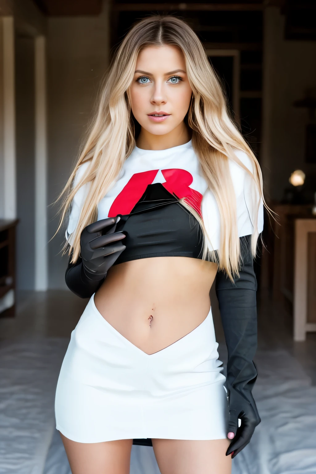 Realistic photo of a beautiful k4th3rynw woman wearing team rocket,team rocket uniform,white skirt,red letter R,crop top,black thigh-highs,black elbow gloves,, 1girl, solo, long hair, breasts, looking at viewer, blue eyes, blonde hair, shirt, cleavage, jewelry, medium breasts, 