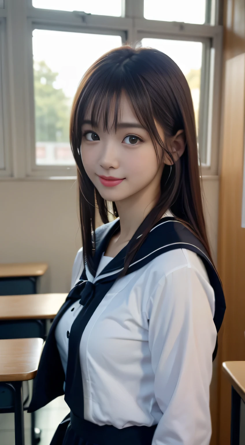 Face Interview, (Photoreal:1.4), (hyper realistic:1.4), (realistic:1.3), (smooth lighting:1.05), (Improve video lighting quality:0.9), 1 female, 16-year-old woman, realistic lighting, Backlight, facial light, ray tracing, (cheerfulness:1.2), (Improved image quality:1.4), (Highest quality realistic textured skin), finely tuned, small face, red cheeks, slender body, medium-breasted pointed jaws,,,,,,,,,,,,,, Japan idol system, Nogizaka idol, glowing skin, fiery idol pose, P, dull bangs, black hair, hair behind the ear, shoulder hair, long hair,tear bag,Summer plateau、no makeup、Inside a high school classroom、(High School Uniform Sailor Uniform:1.2)