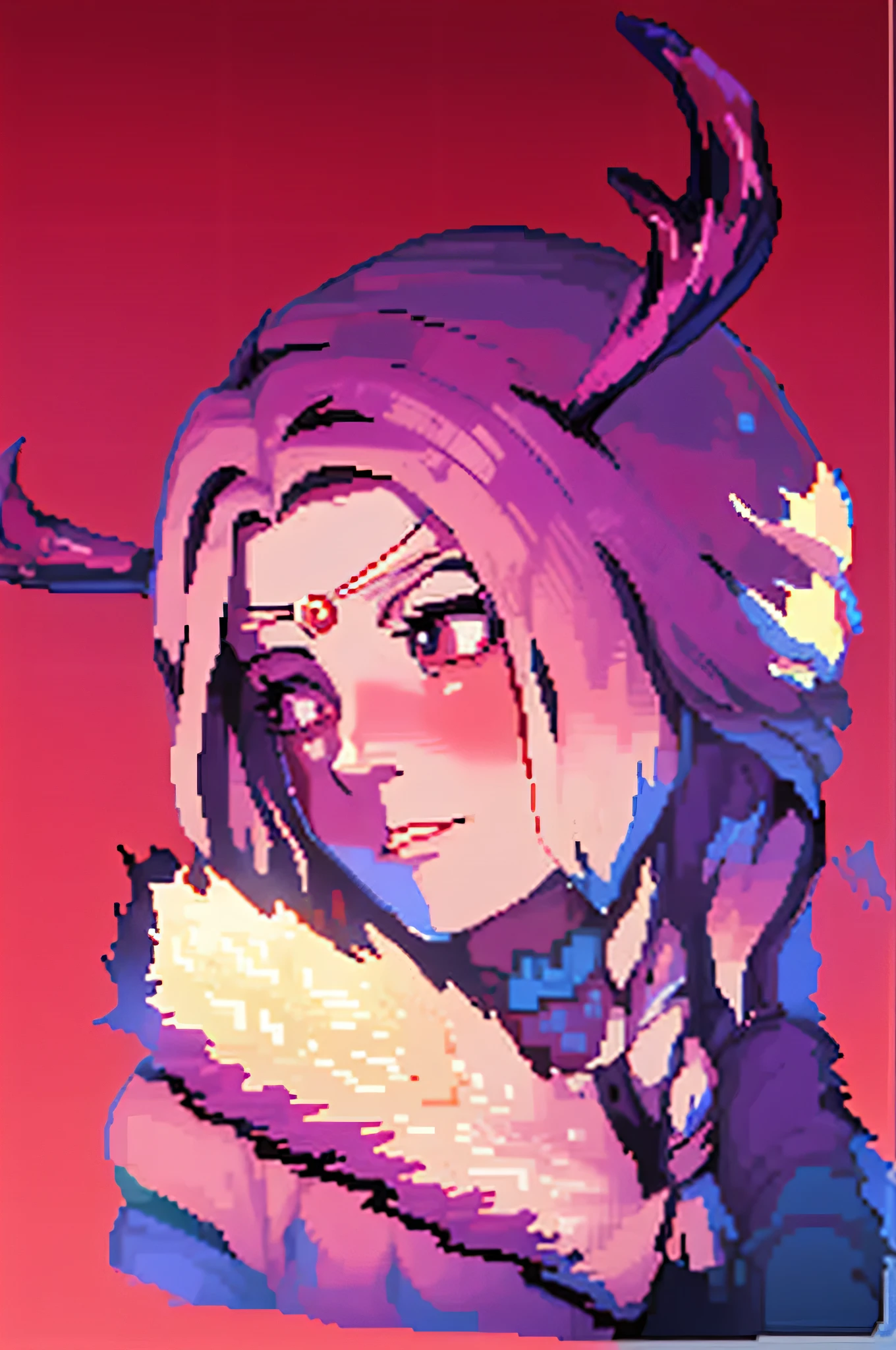 um desenho animado de uma mulher com chifres e uma capa vermelha, #arte de pixel:3, /R/arte de pixel, #arte de pixel, # arte de pixel, Derivador hiperleve, retrato!!! Estilo Mononoke-Hime, druida tiefling atraente, dnd retrato of a tiefling, low resolution, 1 0 0 0 x 1 0 0 0 pixel art, arte de pixel