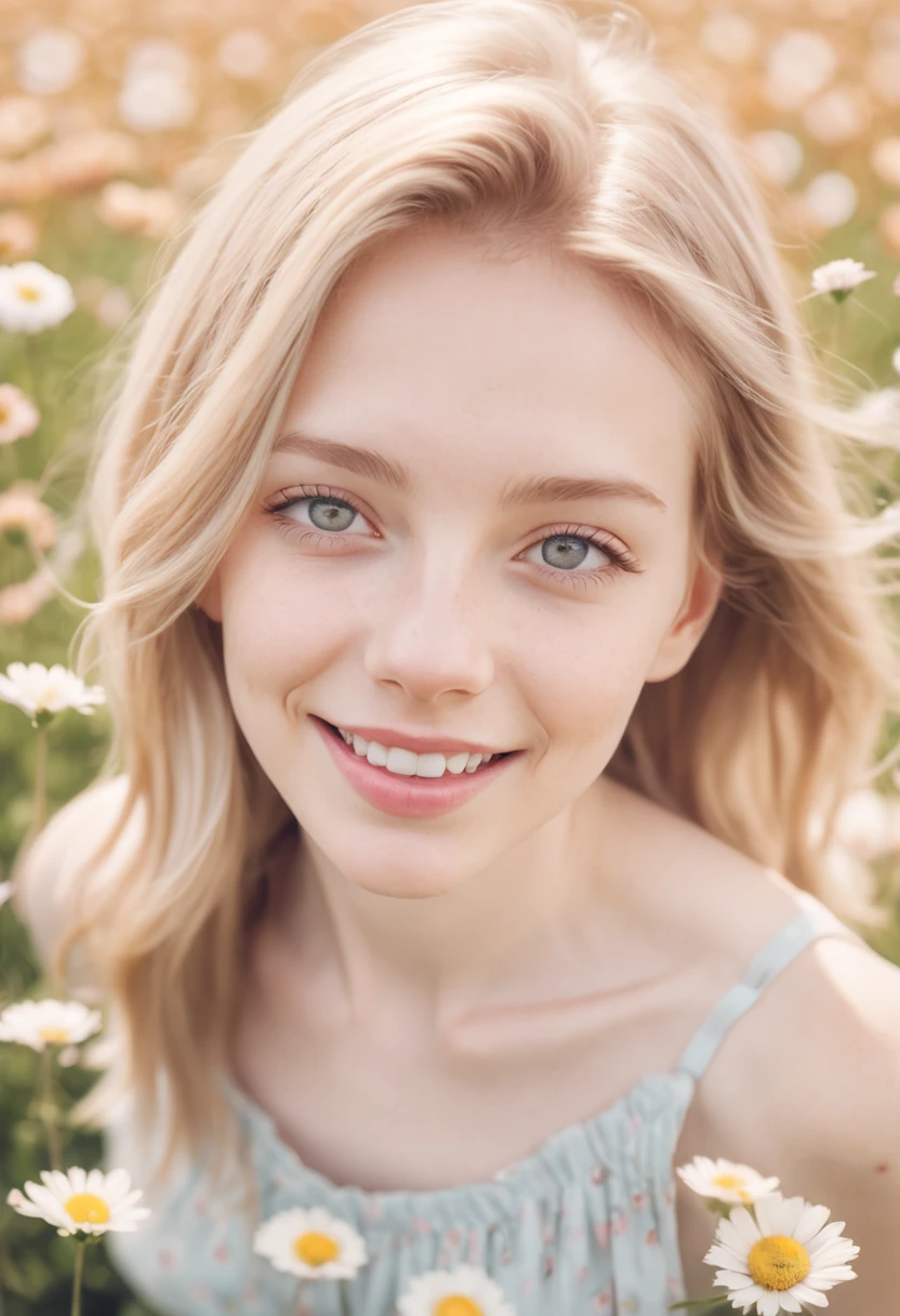 a photo of a woman, in her twenties, radiating an aura of playfulness and happiness, blonde and pastel light brown hair, top view, flower field, nature, outdoor, detailed background pale skin, shot on Porta 160 color, shot on ARRI ALEXA 65, bokeh