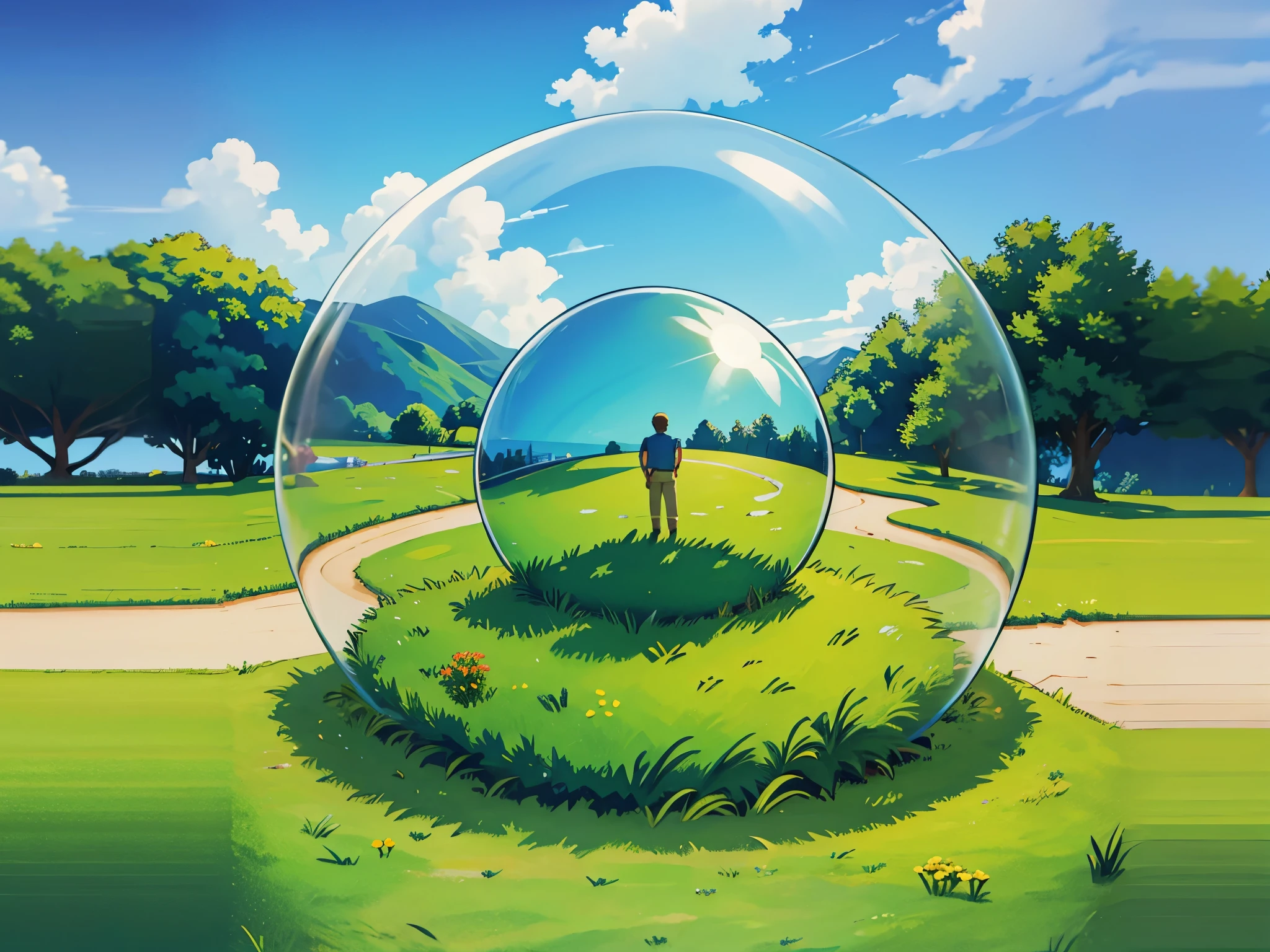 green glass globe on grass with sky in the style of macrorealism