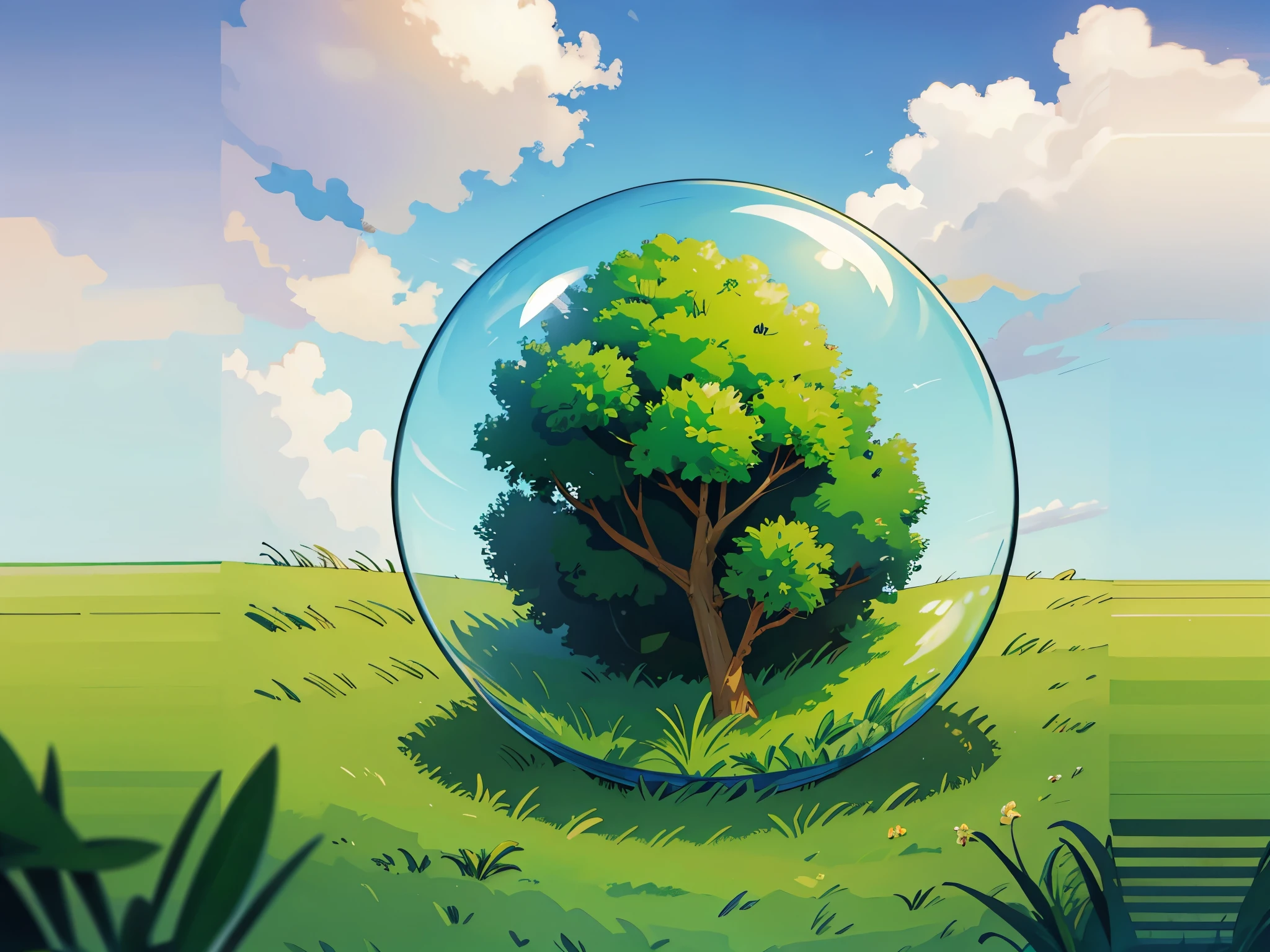 green glass globe on grass with sky in the style of macrorealism
