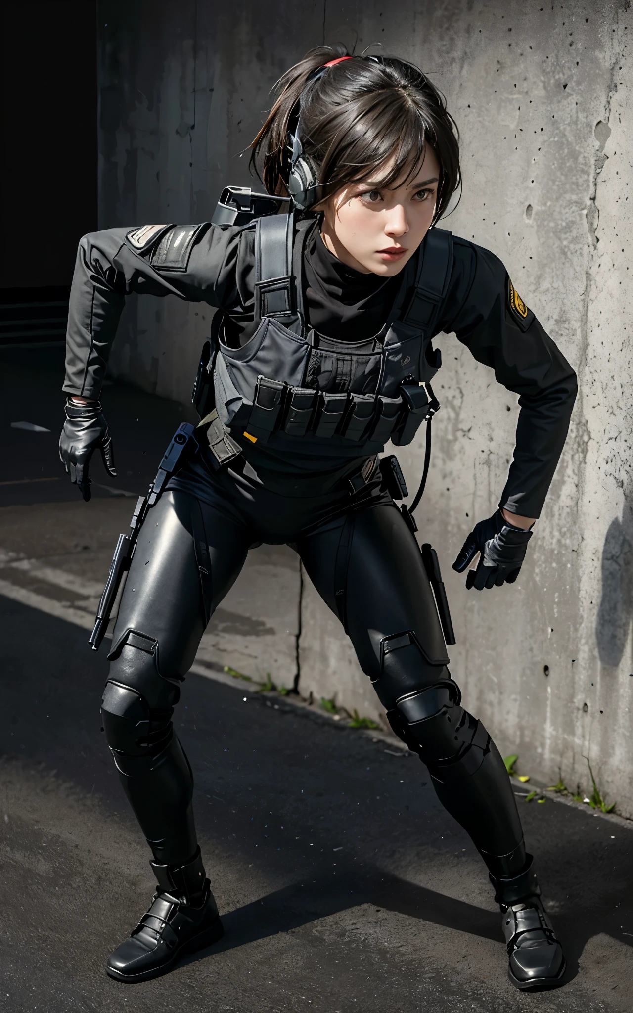 ((Best Quality, 8K, Masterpiece: 1.3)), ((best quality)), photorealistic, photorealism, (full body, (dynamic pose), action pose), 1girl aiming with an ak-47 assault rifle, Combat pose, Photorealistic, high resolution, looking to the camera, (Detailed face), short black hair, red rubber suit, tactical vests, military harness, ((revealed beautiful face and muscular thigh)), Gun,black gloves, high-tech headset, Fingers are occluded, concrete wall background,