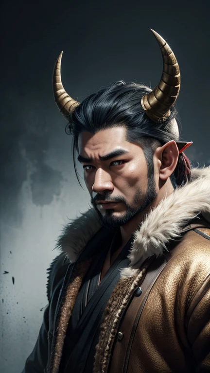oriental、Man with horns on his head、game poster、masterpiece、super resolution、(realistic:1.4)、alone、man in fur、no background、