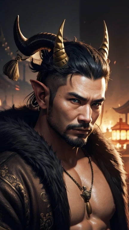 oriental、Man with horns on his head、game poster、masterpiece、super resolution、(realistic:1.4)、alone、man in fur、no background、