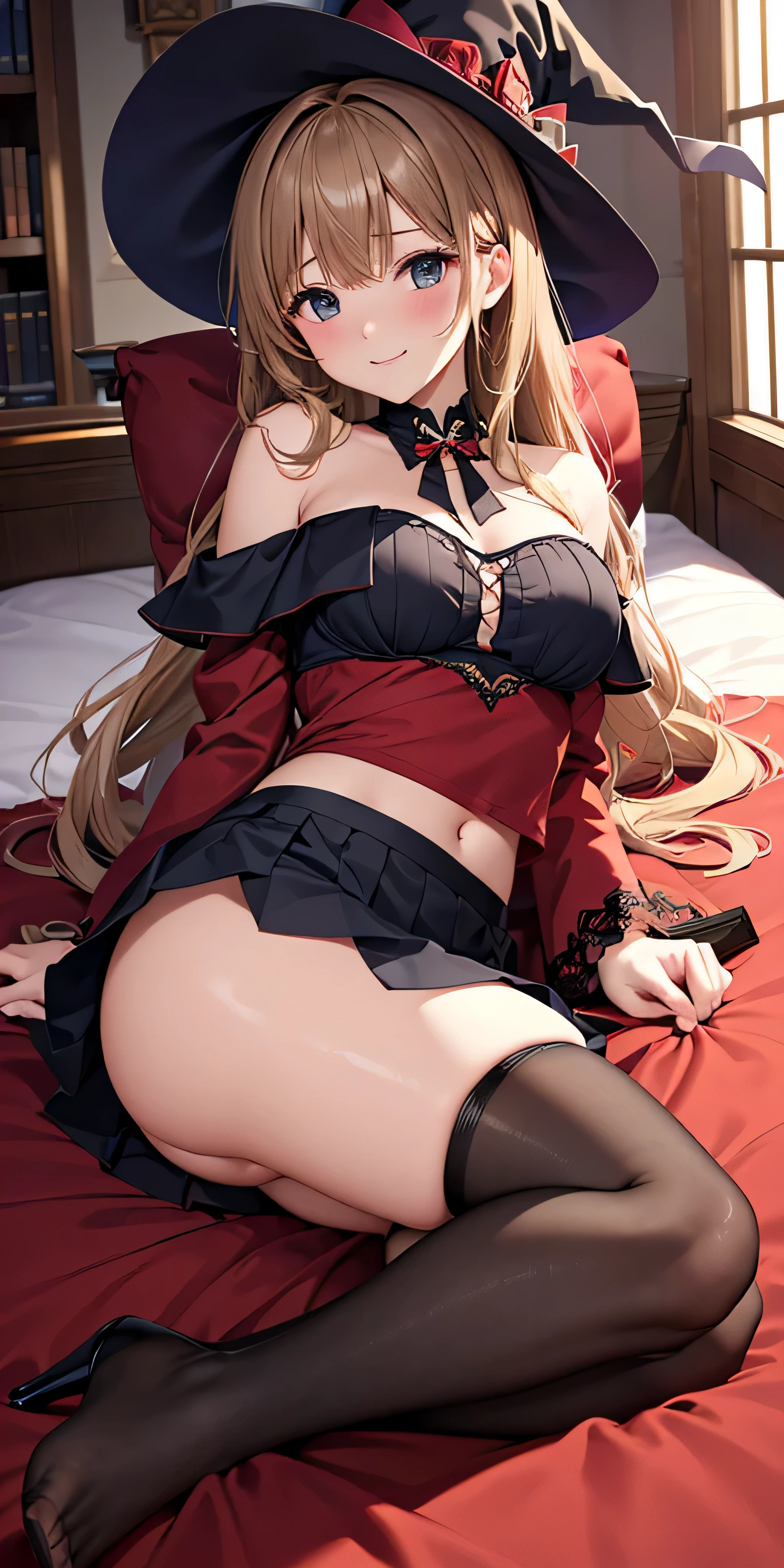 debris flies, highest quality, Highly detailed CG Unity 8K wallpaper, sexy witch , middle length hair、Dark blonde wavy hair、off shoulder knit, dark blue pleated skirt, stockings、medium breasts, saggy breasts, Pose that emphasizes the chest, blush, shy smile, bare shoulders, (((、open your legs wide、please open your knees))）、、nice magic book、church bed、lying in bed、stick out your butt、Red and black panties、Red and black bra