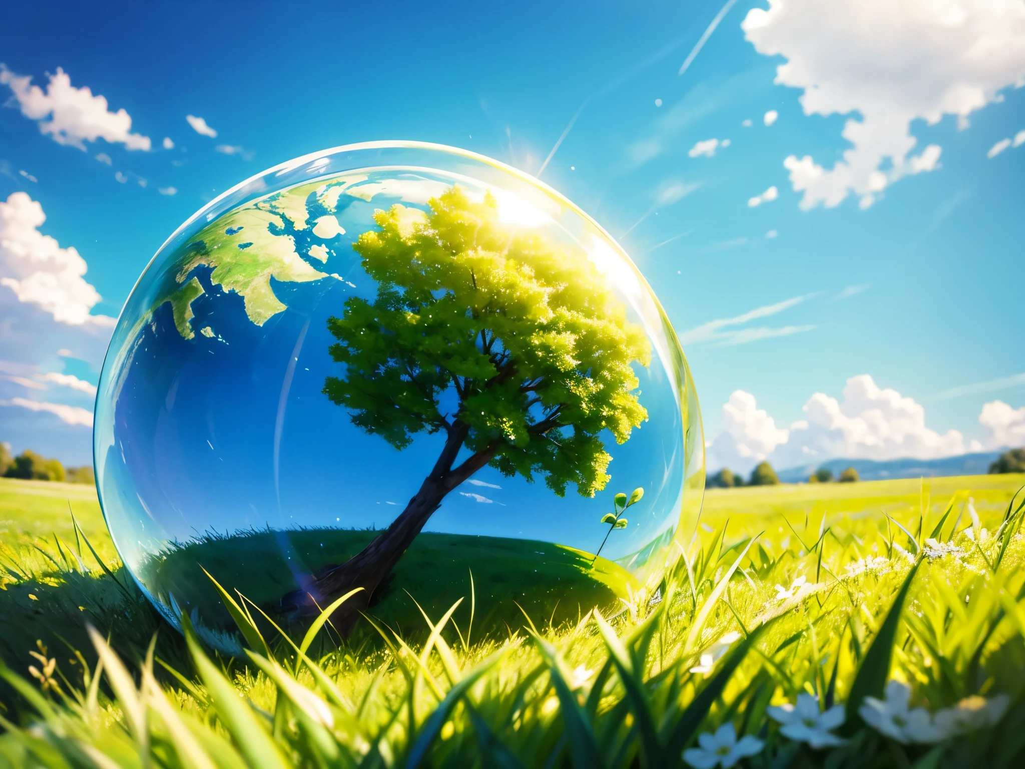green glass globe on grass with sky in the style of macrorealism