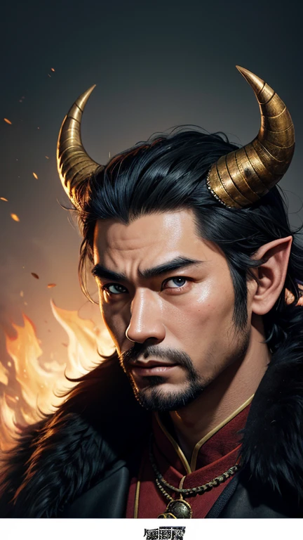 oriental、Man with horns on his head、game poster、masterpiece、super resolution、(realistic:1.4)、alone、man in fur、no background、