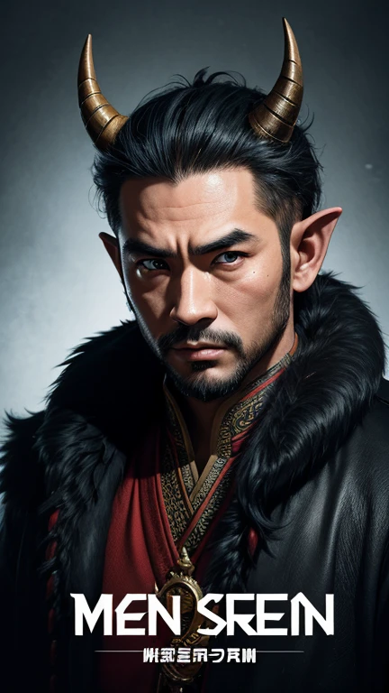 oriental、Man with horns on his head、game poster、masterpiece、super resolution、(realistic:1.4)、alone、man in fur、no background、