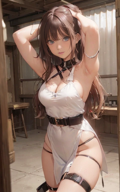 ((masterpiece)), ((best quality)), (ultra-detailed), NSFW, ((underground)),((severe torture)),(((single belt strongly bound waist))),a cute girl, 1girl, solo, (white tight onepiece dress),(both wrists tied above the head ), (both wrists hung from the ceiling),((thin waist)),large breast, slim, slender, ((bdsm)),beautiful  pinkbrown hair, beautiful blue eyes, (beautiful eyes), long hair,troubled expressio