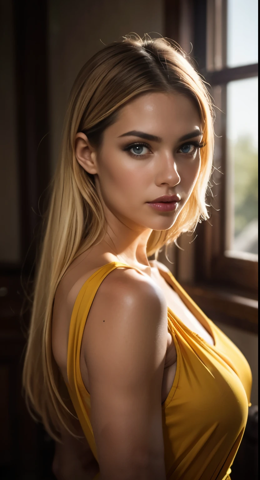 masutepiece, Best Quality, Photorealsitic, Ultra-detailed, finely detail, hight resolution, 8k wallpaper, RAW color photo, Professional, high level of detail, Beautiful blonde woman, (detailed brown eyes), foco nítido, awardwinning photo, ((Facing the front)), ((Look at viewers)), Small light, Low contrast, Facial symmetry, depth of fields, Cinematic background, central image, Lights up softly, (finely detailed skin), pale skin, Realistic skin texture, Extreme skin details, (pores: 0.1), Yellow-orange dress, small bust with good shape, , slim figure, Hourglass body shape