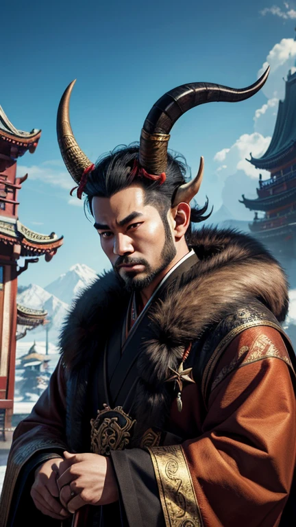 oriental、Man with horns on his head、game poster、masterpiece、super resolution、(realistic:1.4)、alone、man in fur、no background、