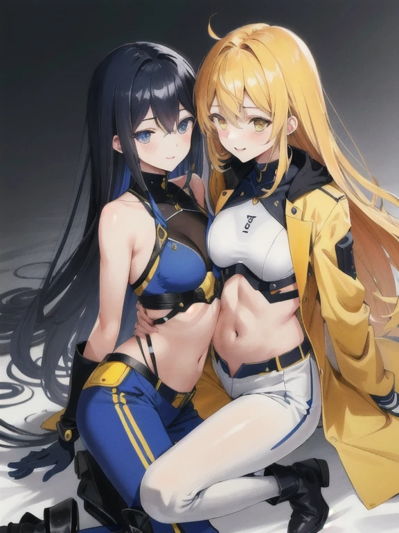 {masterpiece:2}, best quality, high quality, best quality, ultra high res, real picture, intricate details, beautiful detailed, finely detailed, perfect anatomy, detailed shoujo manga style, (best quality masterpiece:1), 2girls, beautiful, yuri, {{{dark blue black hair, curly long hair, cool smile, blue eyes, blue mechanical armor, white mechanic bodysuit, black long pantyhose, iron knee boots}}}, {{{deep yellow blond, long striaght yellow hair, pretty smile, yellow eye, long yellow tailcoat, showing navel, cropped belly, ankle-long yellow cotton pants, knee-high leather boots}}}