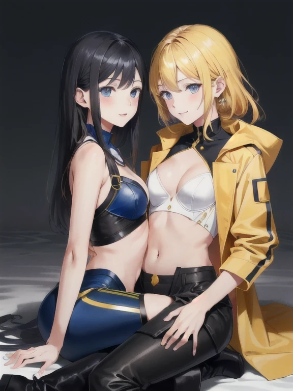 {masterpiece:2}, best quality, high quality, best quality, ultra high res, real picture, intricate details, beautiful detailed, finely detailed, perfect anatomy, detailed shoujo manga style, (best quality masterpiece:1), 2girls, beautiful, yuri, {{{dark blue black hair, curly long hair, cool smile, blue eyes, blue mechanical armor, white mechanic bodysuit, black long pantyhose, iron knee boots}}}, {{{deep yellow blond, long striaght yellow hair, pretty smile, yellow eye, long yellow tailcoat, showing navel, cropped belly, ankle-long yellow cotton pants, knee-high leather boots}}}