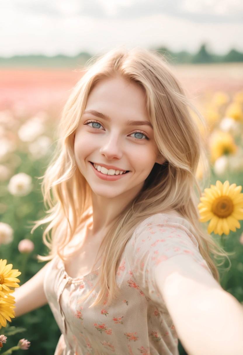 a photo of a woman, in her twenties, radiating an aura of playfulness and happiness, blonde and pastel light brown hair, top view, flower field, nature, outdoor, detailed background pale skin, shot on Porta 160 color, shot on ARRI ALEXA 65, bokeh