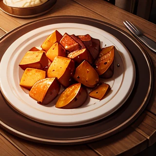 There are heaps of sweet potatoes on the table., Potato, polycount, Crisp rendering with great detail, subsurface scattering, rendered diagram, ultra detail. digital painting, Potato skin, trending on polycount, low details. digital painting, Very stylized, cel shaded pbr,the food is on the plate,Tavern in a fantasy world,A wine glass with red wine next to the food,The color of sweet potatoes is brown, not purple.,Instagrammable