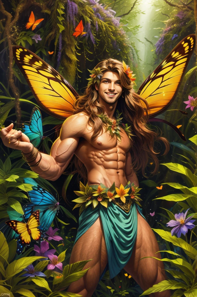 artwork, Male fairy, muscular arms and legs, strong chest, long hair, wings, shine, shine, Enchanted forest, butterflies, vegetation, Flowers, sexy and charming smile, looking at the viewer with inviting gaze, 8k, HDR