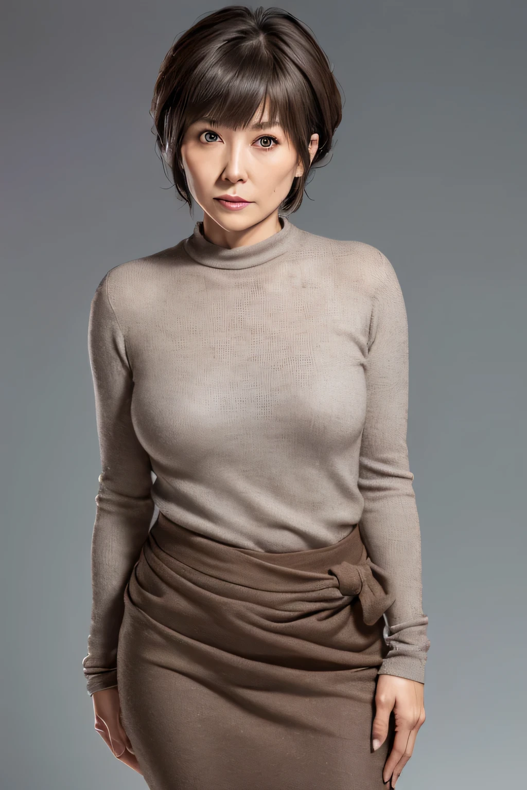High resolution, High resolution, high detail, realistic, rough skin, anatomically correct, sharp,
gray background,
((stand facing forward、Staring at the viewer'serious face eyes.))
sweater, skirt,
((50 year old japanese mature woman, bangs, well-shaped small breasts, Messy light brown medium hair)),
high heels on feet, full body photo